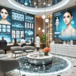 A modern plastic surgery clinic with a futuristic design, advanced technology, interactive screens, and digital displays showcasing before-and-after photos in an inviting atmosphere.