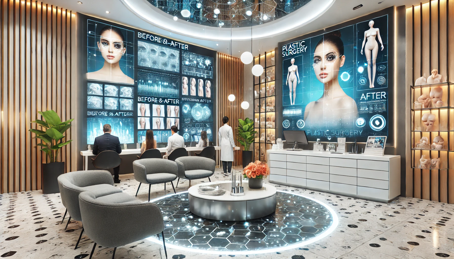 A modern plastic surgery clinic with a futuristic design, advanced technology, interactive screens, and digital displays showcasing before-and-after photos in an inviting atmosphere.