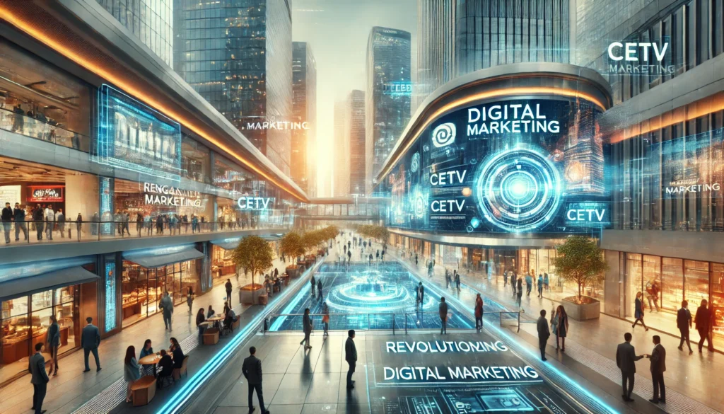 A futuristic cityscape with high-tech commercial environments displaying digital marketing content. People interact with holographic screens and digital displays in a vibrant, dynamic setting.