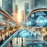 A futuristic cityscape with high-tech commercial environments displaying digital marketing content. People interact with holographic screens and digital displays in a vibrant, dynamic setting.