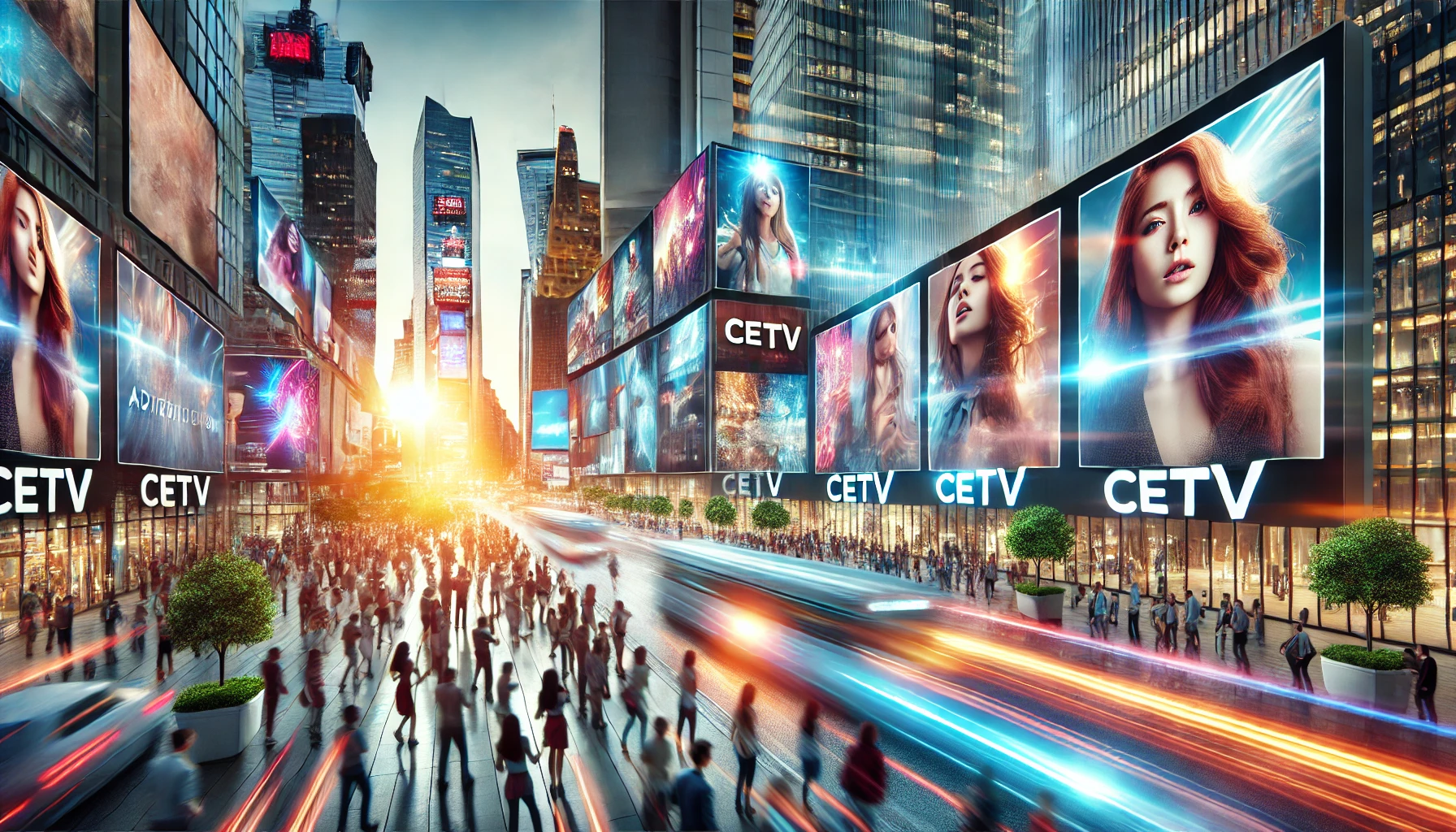 A bustling cityscape with vibrant video ads on large screens and billboards, showcasing various brands. The dynamic scene highlights the reach and impact of CETV advertising.