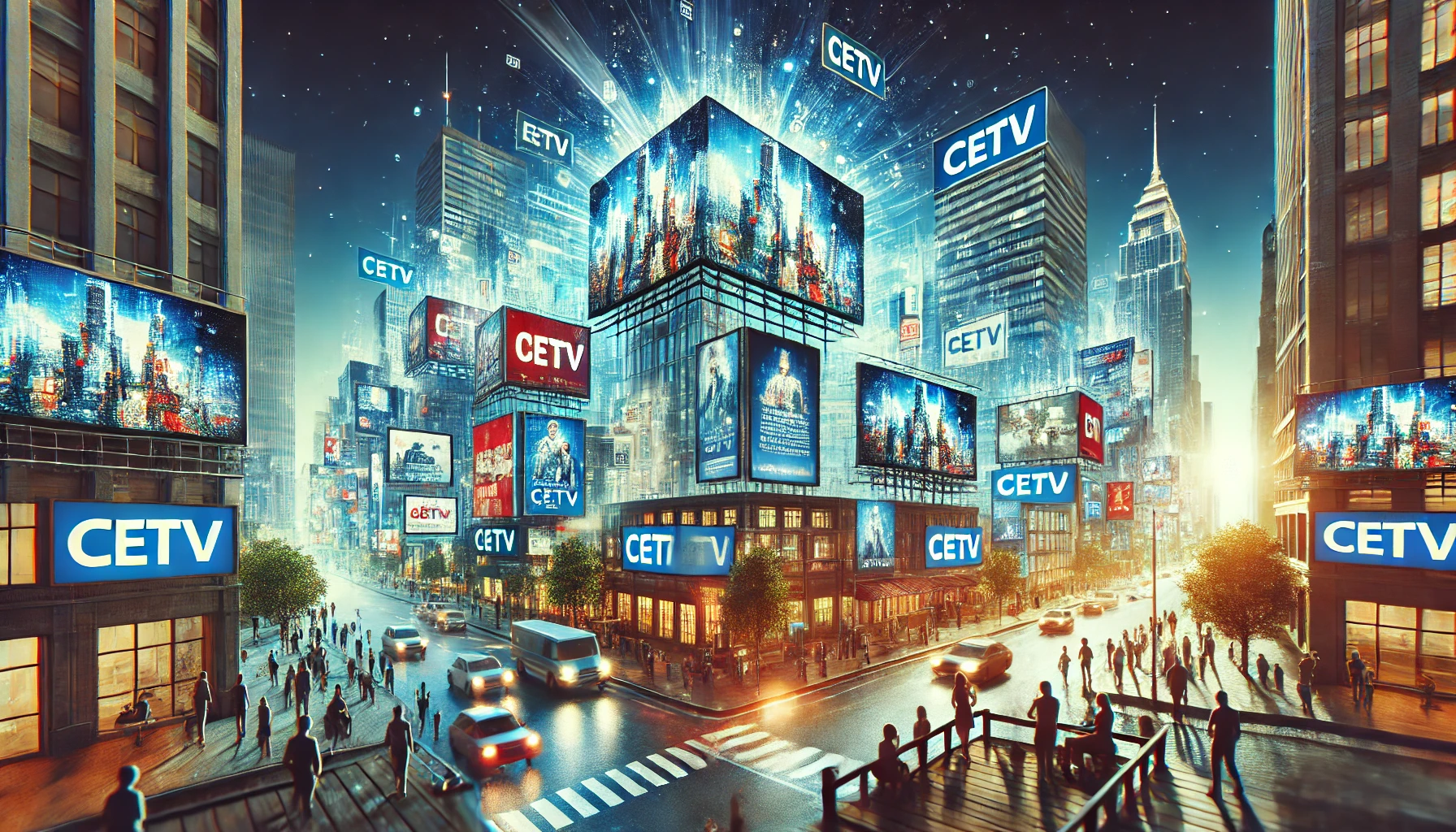 A vibrant cityscape with multiple screens displaying impactful CETV ads, illustrating their wide reach and effectiveness in engaging diverse audiences. Dynamic and results-oriented tone.