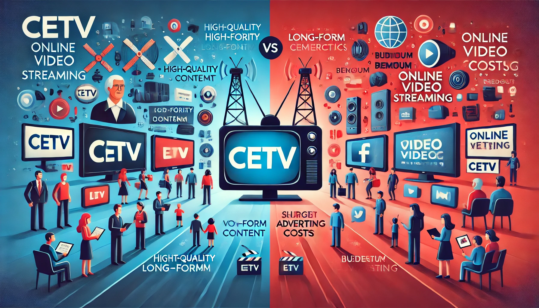 A visual comparison of CETV and online video streaming: CETV on the left with TVs, families, and older demographics in blue; online streaming on the right with mobile devices, younger audiences in red.