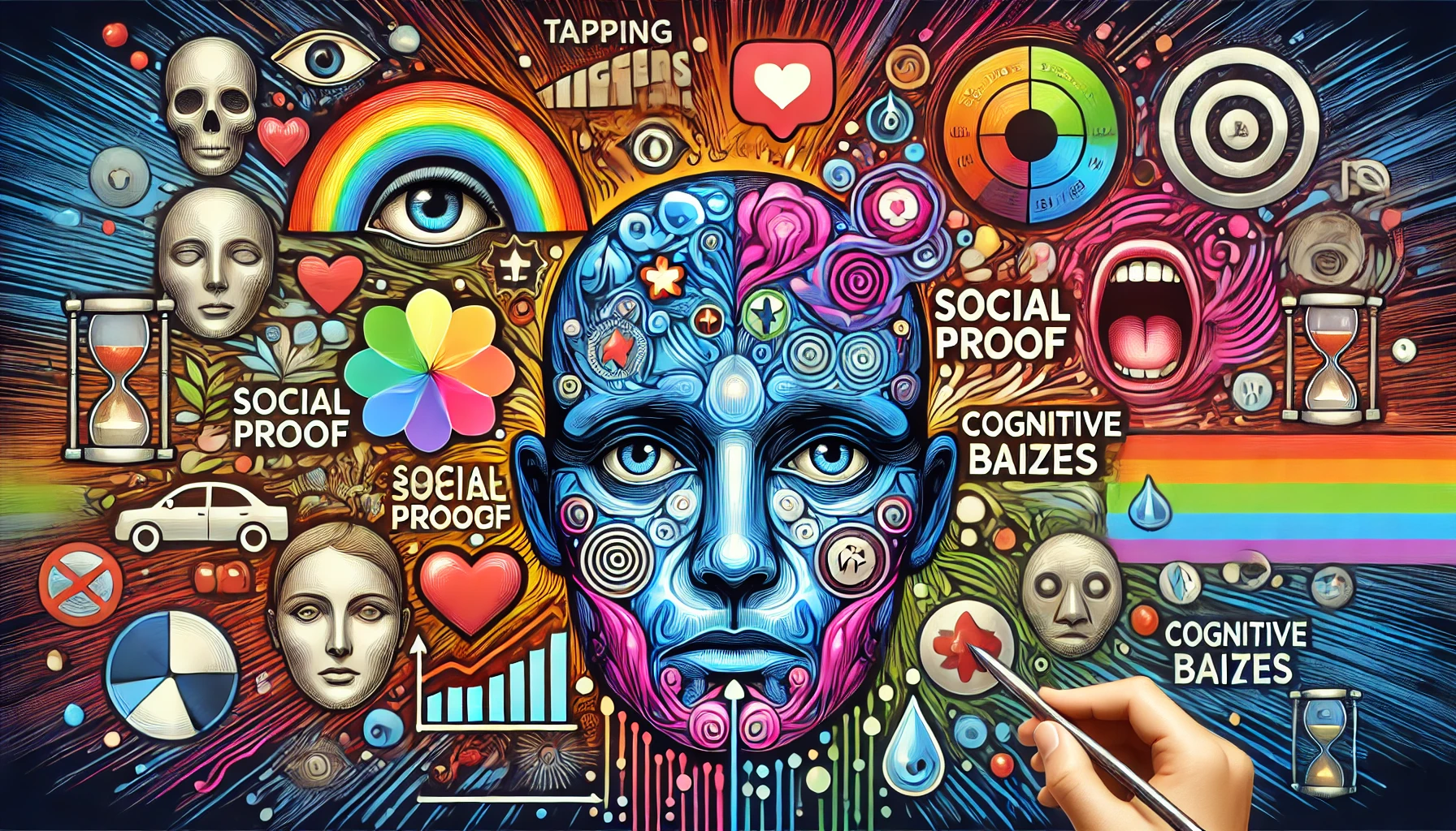 A dynamic image illustrating psychological triggers in CETV advertising: emotional faces, social proof icons, and cognitive bias symbols like scarcity and authority. Vibrant colors.