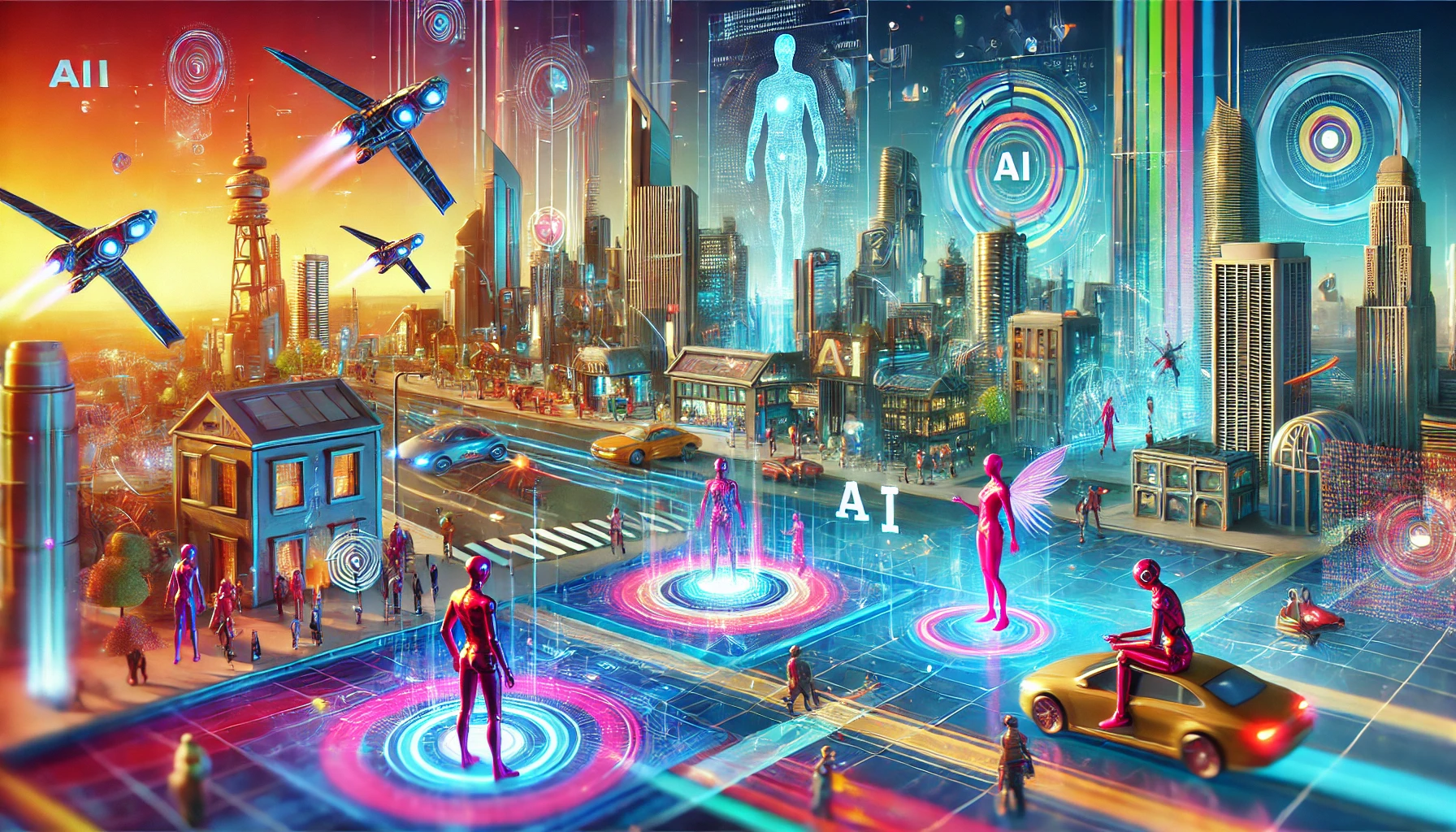 A vibrant futuristic cityscape with advanced technology, flying cars, robots, and holographic displays, highlighting artificial intelligence and data analysis. Horizontal banner format.