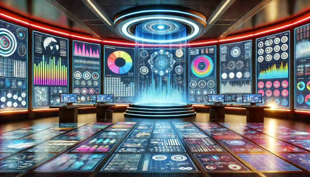 A vibrant futuristic control room with colorful screens displaying data, graphs, and visualizations on advertising analytics and consumer behavior. Sleek, modern, and high-tech atmosphere.