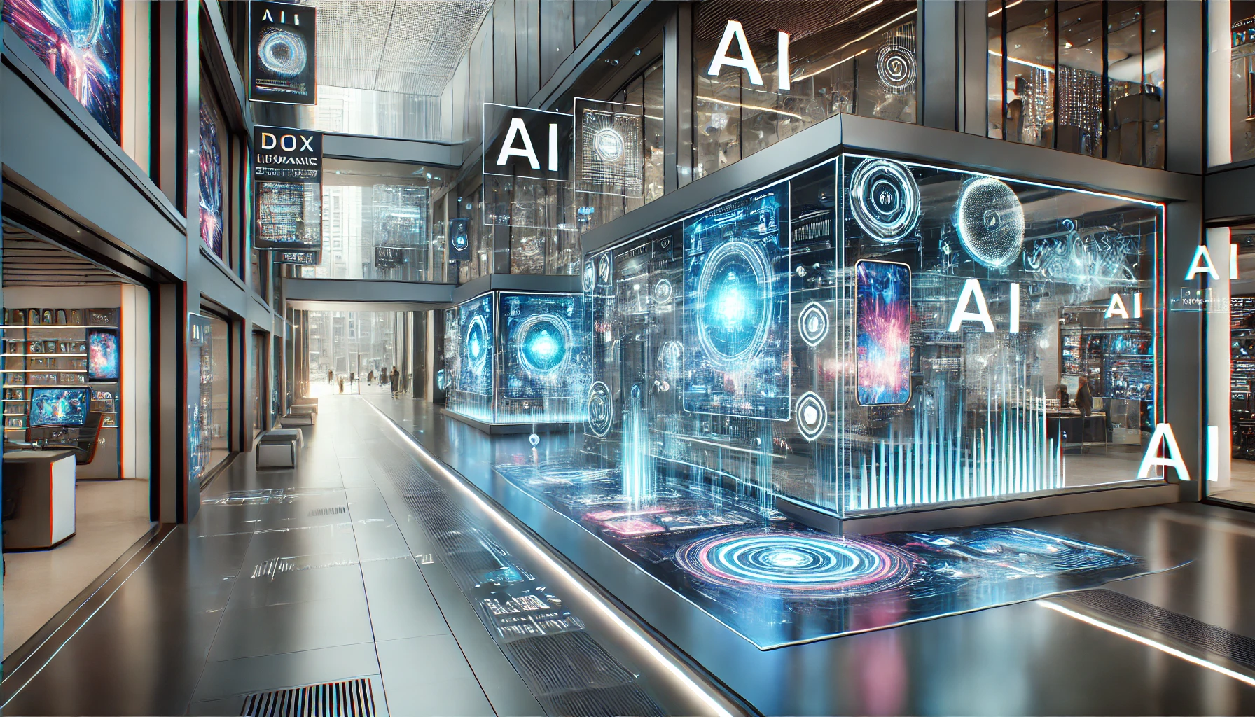 Futuristic AI-driven advertising in a high-tech urban setting with sleek holographic displays and dynamic digital screens, showcasing innovation and brand visibility in a commercial environment.