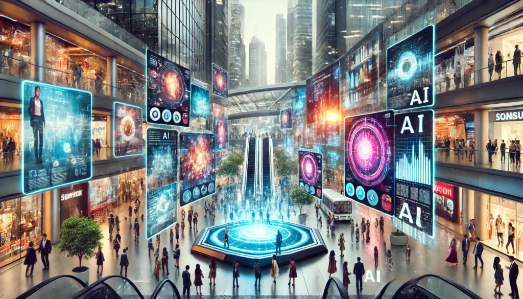 Futuristic cityscape with diverse people interacting with advanced holographic advertising displays, showcasing AI-driven and data-enhanced marketing technologies.