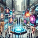 Futuristic cityscape with diverse people interacting with advanced holographic advertising displays, showcasing AI-driven and data-enhanced marketing technologies.