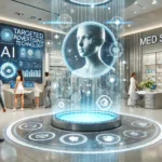 Futuristic med spa with AI-driven holographic displays and digital billboards showcasing beauty treatments, highlighting advanced targeted advertising technology in a sleek, modern environment.