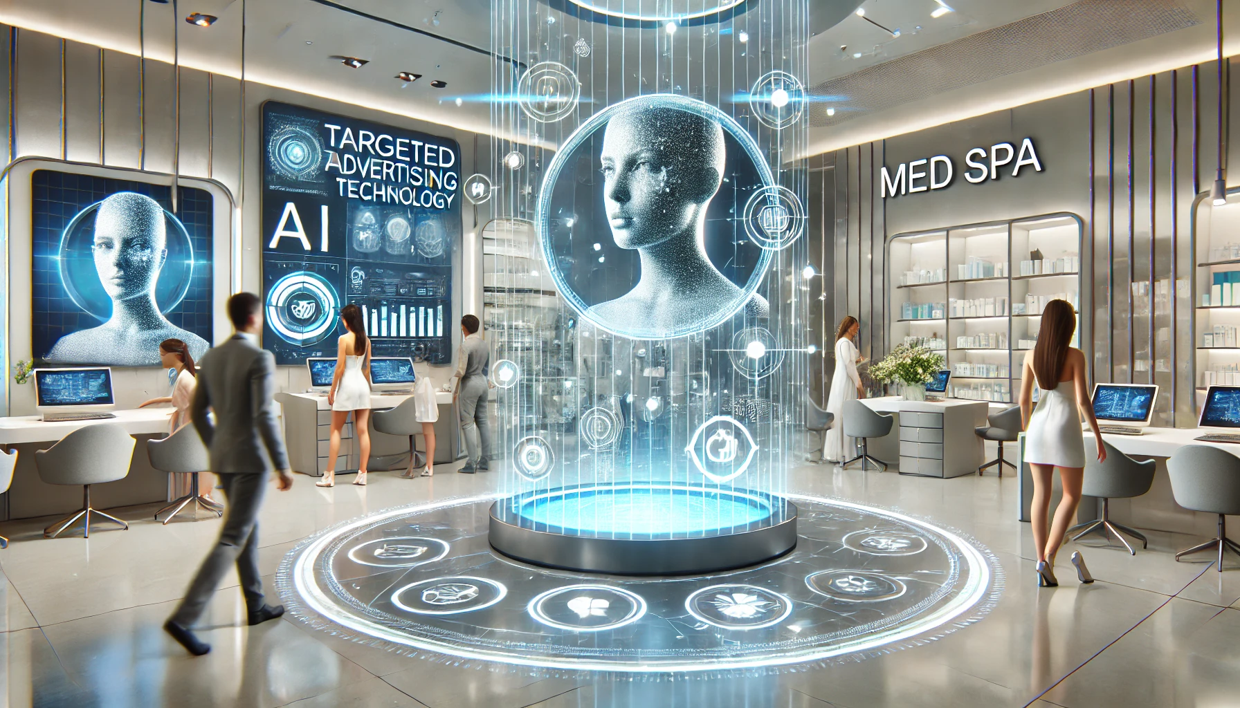 Futuristic med spa with AI-driven holographic displays and digital billboards showcasing beauty treatments, highlighting advanced targeted advertising technology in a sleek, modern environment.