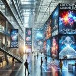 Futuristic commercial environment with high-tech digital screens displaying vibrant, abstract ads. Sleek modern architecture and AI-driven technology emphasize creativity and innovation in advertising.