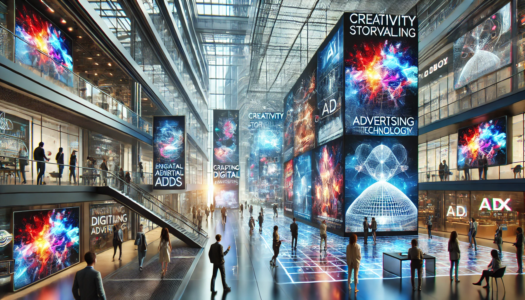 Futuristic commercial environment with high-tech digital screens displaying vibrant, abstract ads. Sleek modern architecture and AI-driven technology emphasize creativity and innovation in advertising.