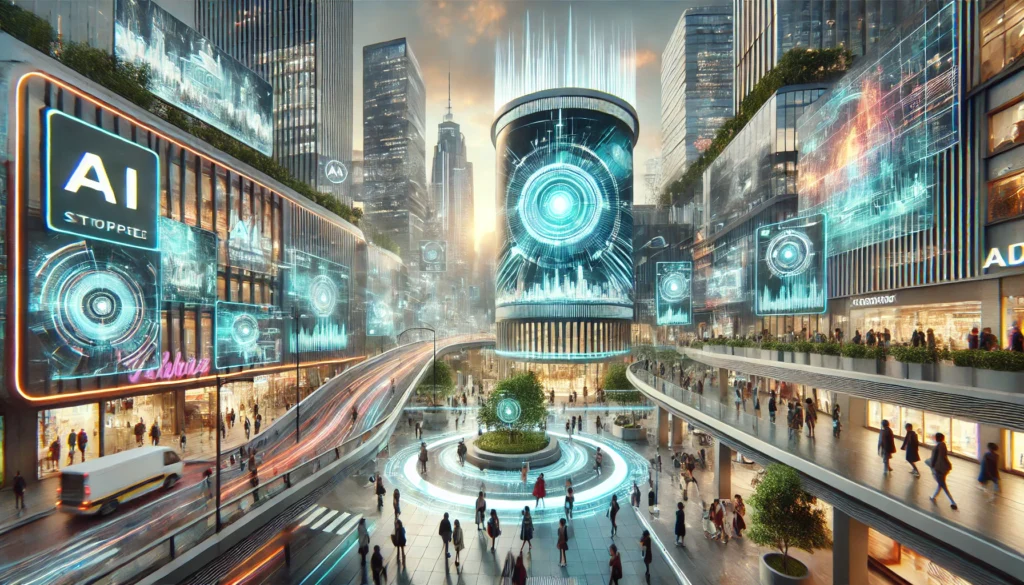 Futuristic cityscape with AI-driven digital billboards and holographic displays, showcasing advanced advertising technology in a bustling environment. Emphasizing innovation and hyper-targeted ads.