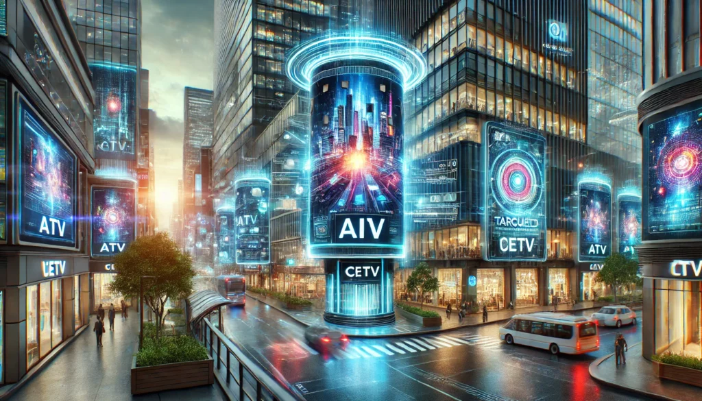 Futuristic cityscape with AI-driven advertising screens displaying vibrant, tailored visuals in high-traffic areas, highlighting advanced digital advertising technology targeting niche markets.