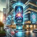 Futuristic cityscape with AI-driven advertising screens displaying vibrant, tailored visuals in high-traffic areas, highlighting advanced digital advertising technology targeting niche markets.