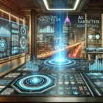 Futuristic control center with holographic screens displaying advanced data analytics, representing the power of data-driven CETV advertising and hyper-targeted marketing strategies.