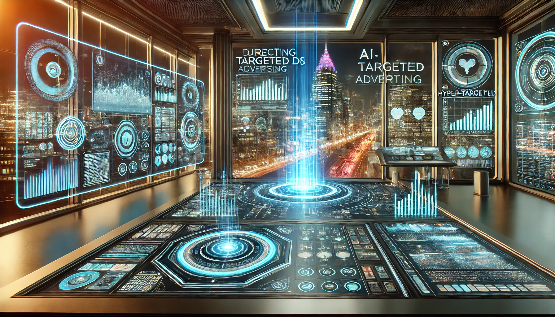 Futuristic control center with holographic screens displaying advanced data analytics, representing the power of data-driven CETV advertising and hyper-targeted marketing strategies.