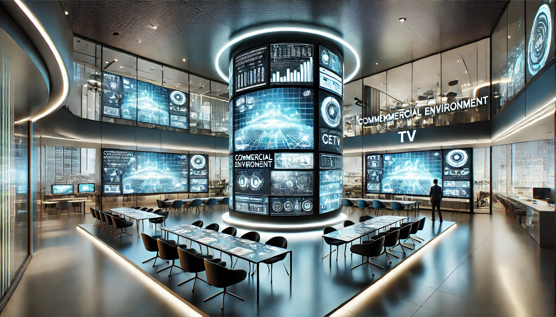 Futuristic business environment with advanced digital displays showcasing advertisements, symbolizing modern CETV strategies for boosting sales and brand visibility in commercial spaces.