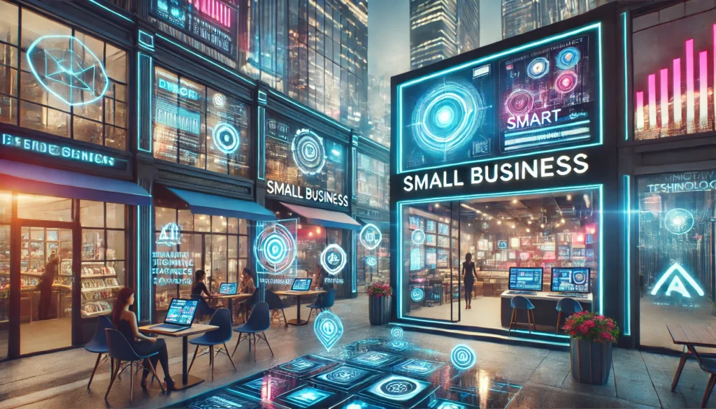 Futuristic small business environment in a bustling urban setting with advanced technology and AI-driven systems, illustrating innovation and growth in a competitive market.