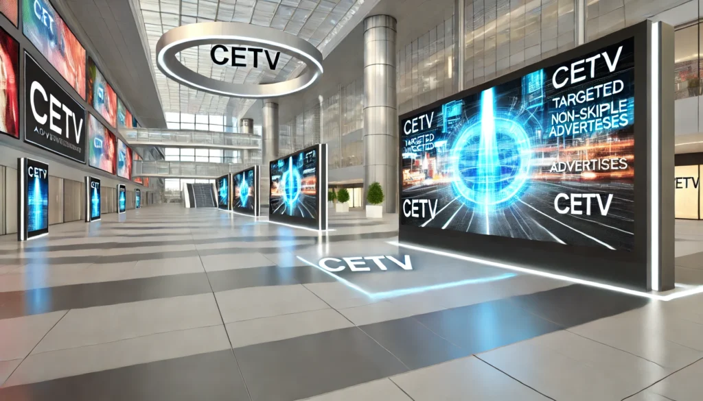 Futuristic commercial environment with sleek digital displays showcasing dynamic advertisements in high-traffic areas, highlighting the benefits of CETV advertising for businesses.