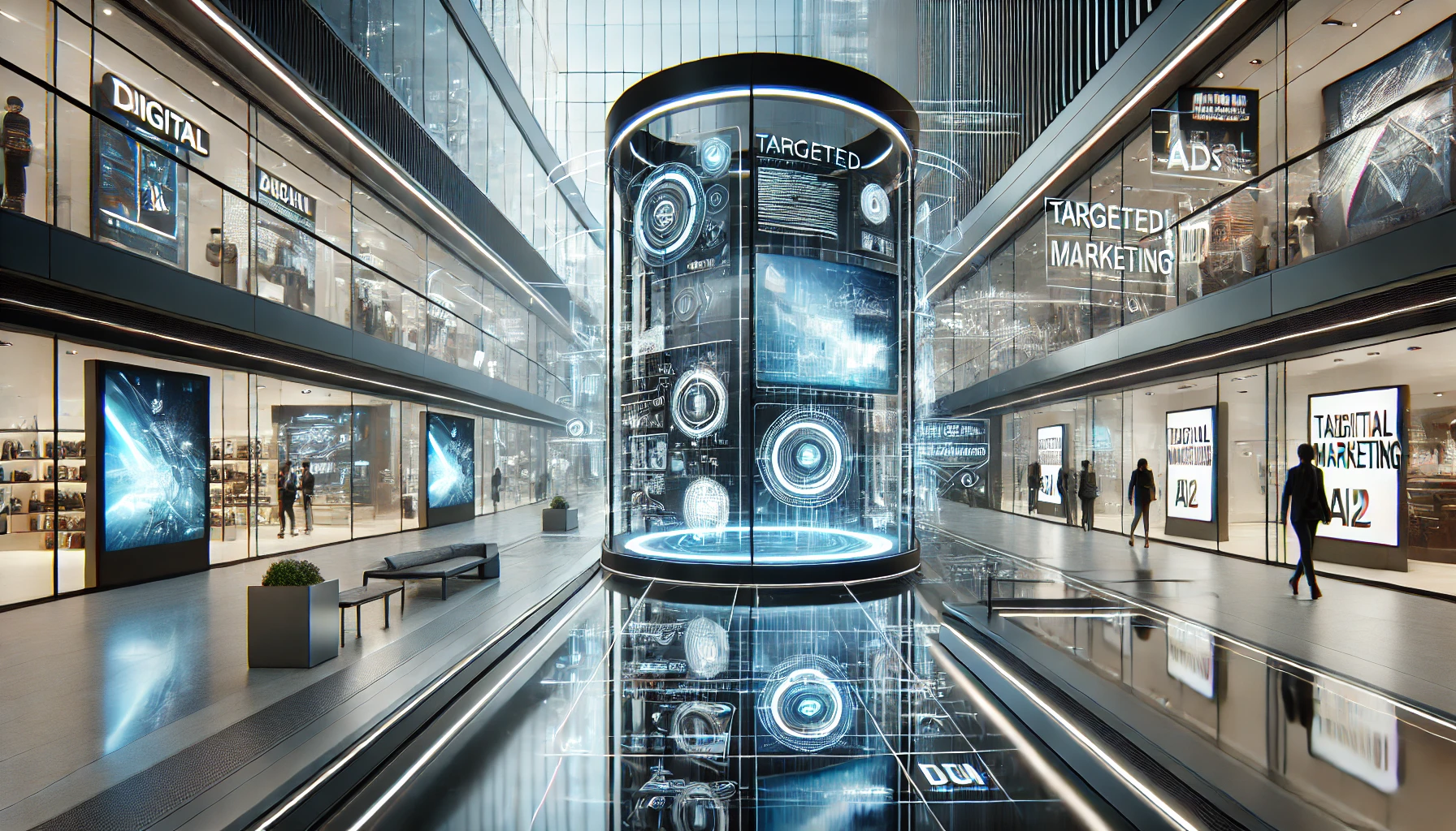 Futuristic commercial environment showcasing advanced digital screens and AI technology, representing targeted advertising strategies in high-traffic locations.