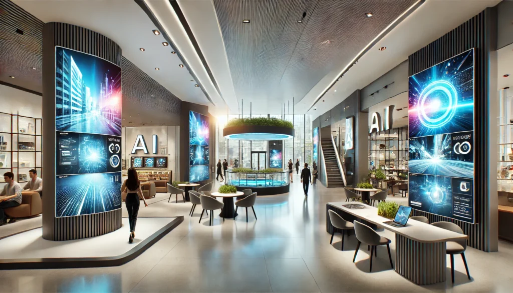 A sleek futuristic commercial environment with digital screens displaying abstract visuals, representing AI-driven advertising and customer engagement in high-traffic locations.