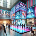 Futuristic commercial environment with vibrant displays showcasing advertisements, representing innovation in local business support through targeted AI-driven advertising solutions.