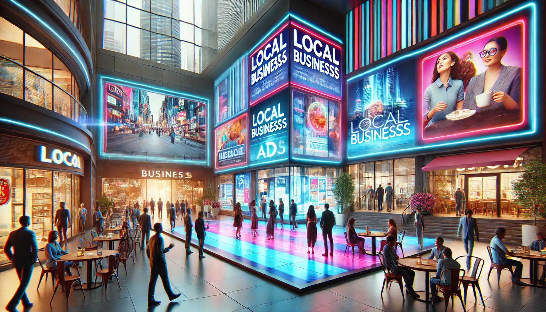 Futuristic commercial environment with vibrant displays showcasing advertisements, representing innovation in local business support through targeted AI-driven advertising solutions.