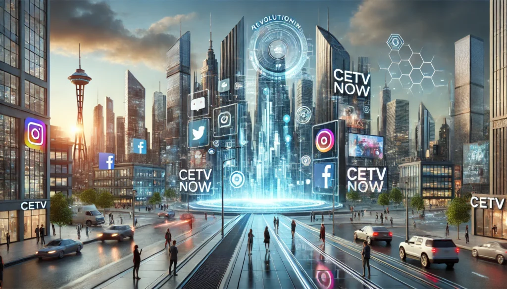 A futuristic cityscape with sleek skyscrapers and holographic ads, showcasing CETV's role in digital marketing. People captivated by ads, integrating digital and traditional marketing elements.