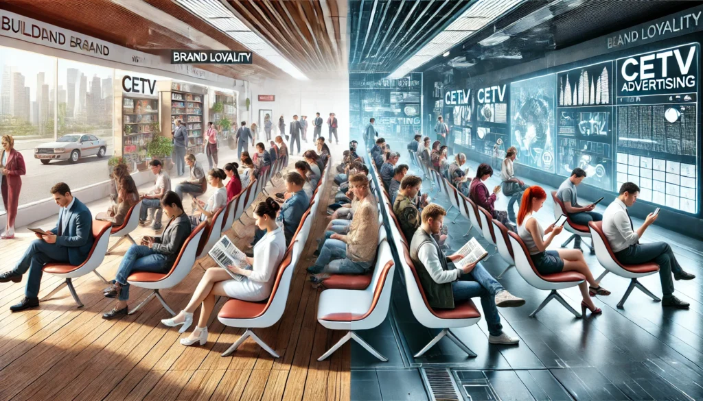 A split image contrasting a traditional waiting room with bored people on one side and a futuristic, interactive waiting room with engaged people on the other, highlighting CETV advertising benefits.