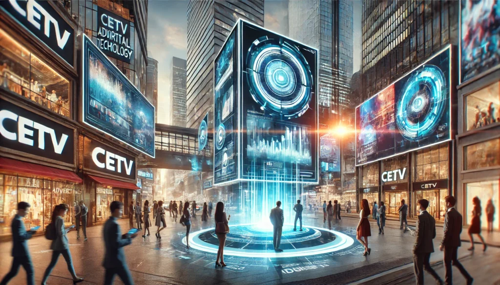 A futuristic cityscape with advanced advertising technology. Digital screens display engaging ads without text. People interact with holographic displays in a vibrant, high-tech environment.