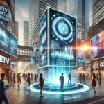 A futuristic cityscape with advanced advertising technology. Digital screens display engaging ads without text. People interact with holographic displays in a vibrant, high-tech environment.
