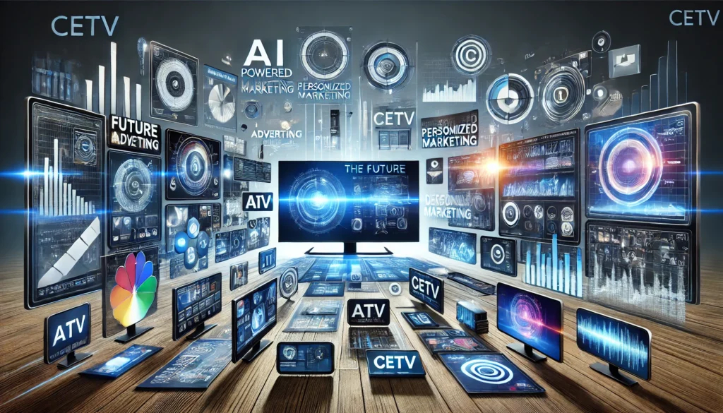 A futuristic image showcasing CETV advertising trends: AI-powered analytics, personalized ads on multiple screens, dynamic data visualizations. Sleek designs and vibrant colors, no text.