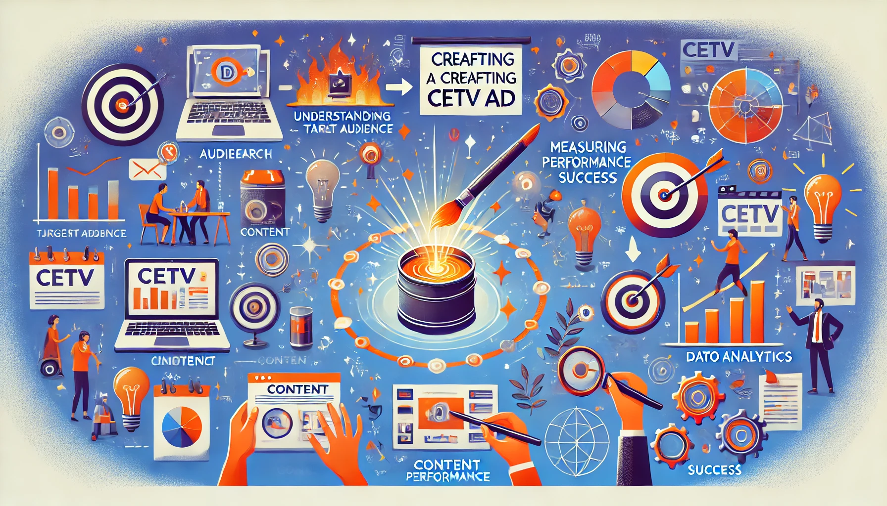 A vibrant, dynamic image showcasing the process of crafting a compelling CETV ad: audience research, brainstorming, content creation, data analytics, and celebrating success. No text included.