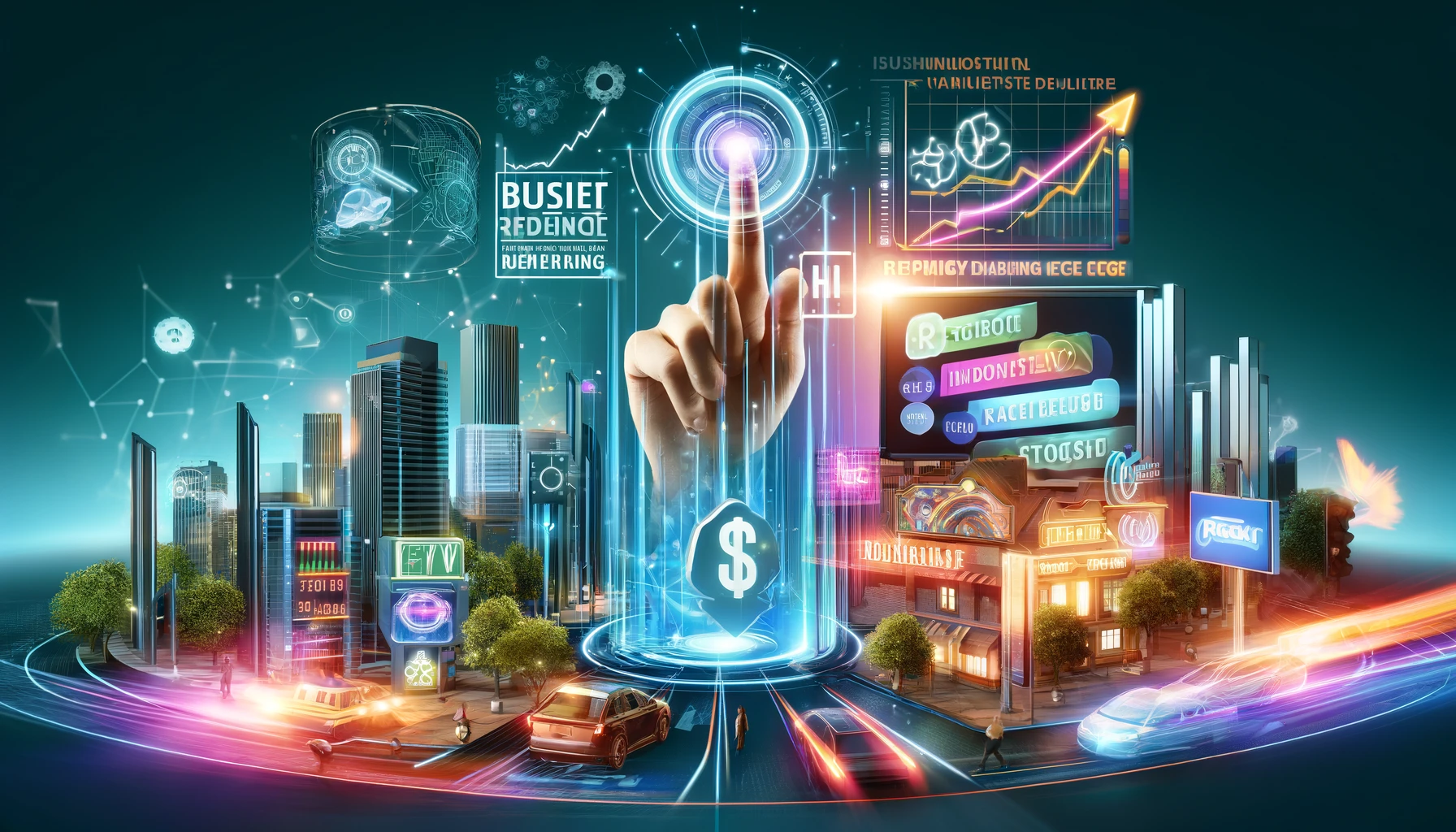 A futuristic image for a blog post about boosting business revenue with CETV advertising. Features AI-driven ad placements, business growth charts, and dynamic engagement in high-traffic environments. No text.