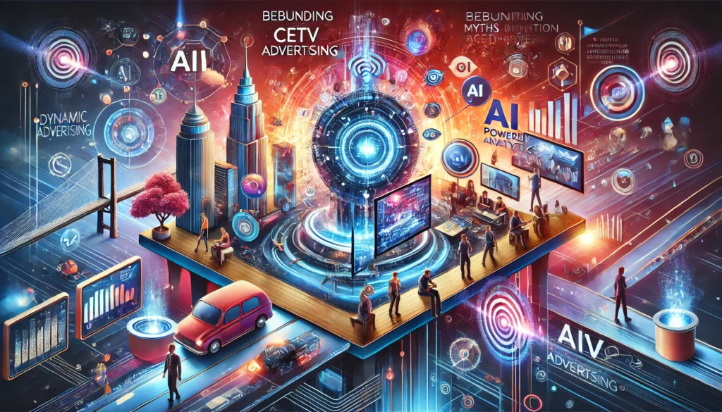 A futuristic image for a blog post debunking myths about CETV advertising. It features AI-driven analytics, dynamic ads in high-traffic environments, and diverse audiences engaging with content.