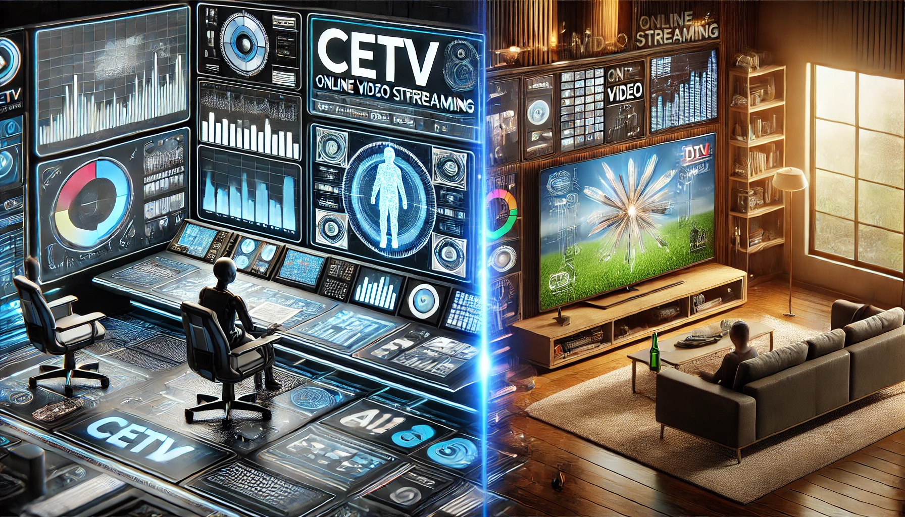 A futuristic scene comparing CETV and online video streaming. Features a high-tech control room with analytics screens and a modern living room with video streaming.