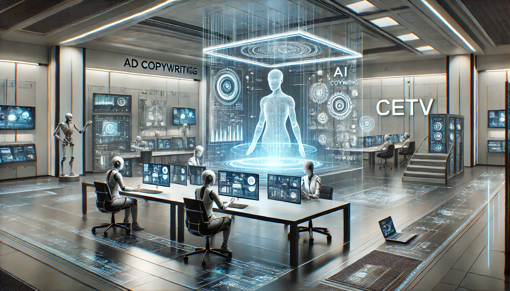 Futuristic AI-powered creative workspace with holographic screens and digital interfaces, where humans and AI collaborate on innovative ad copywriting in a sleek, high-tech environment.