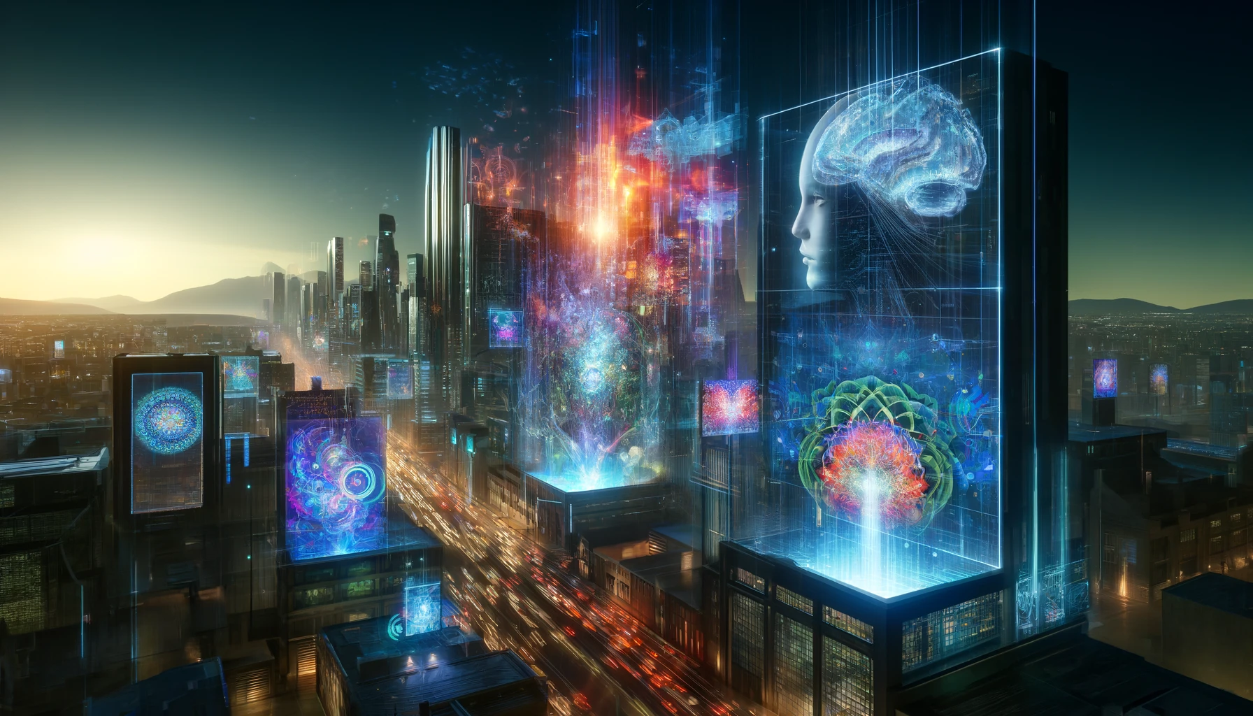 Futuristic cityscape with AI-driven advertisements on digital screens, showcasing the psychology and technology behind effective CETV ad campaigns.