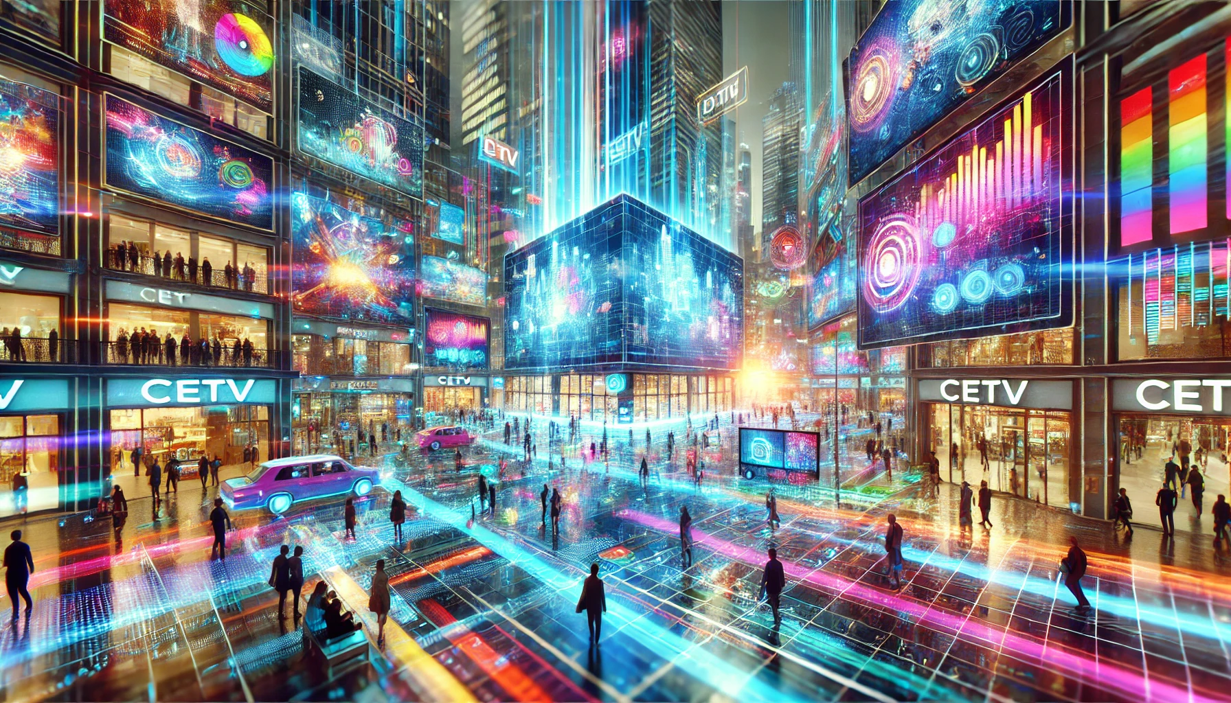 Futuristic cityscape with dynamic digital screens displaying AI-generated ads, illustrating the impact of CETV advertising in engaging customers.