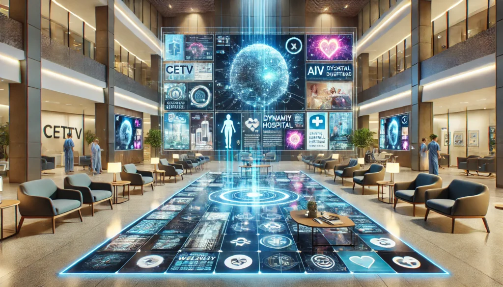 Futuristic hospital lobby with advanced digital screens displaying dynamic ads for healthcare services, enhancing patient and visitor engagement.