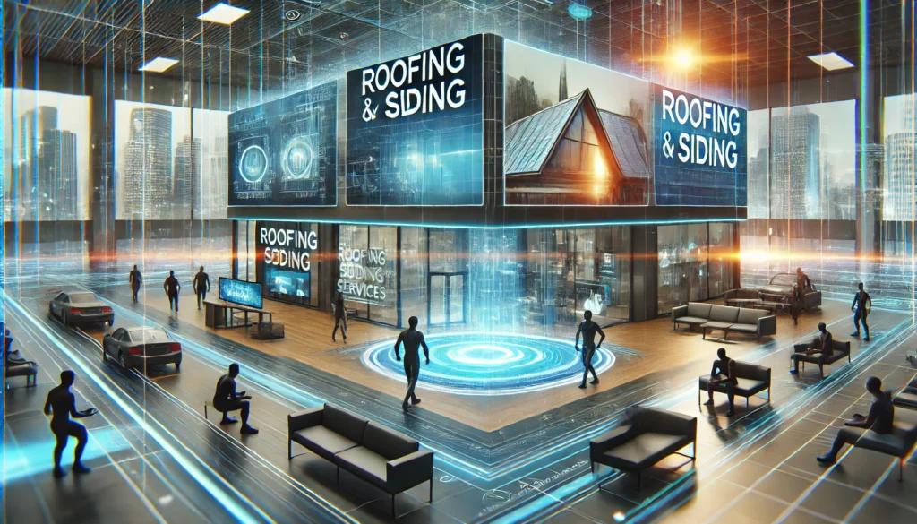 Futuristic commercial setting with digital screens and holographic displays showcasing roofing and siding services in a high-tech gym or waiting room.