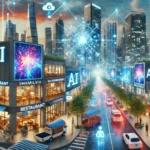 Futuristic cityscape showcasing small businesses supported by AI-driven advertising, with digital screens and data streams symbolizing community and economic growth.