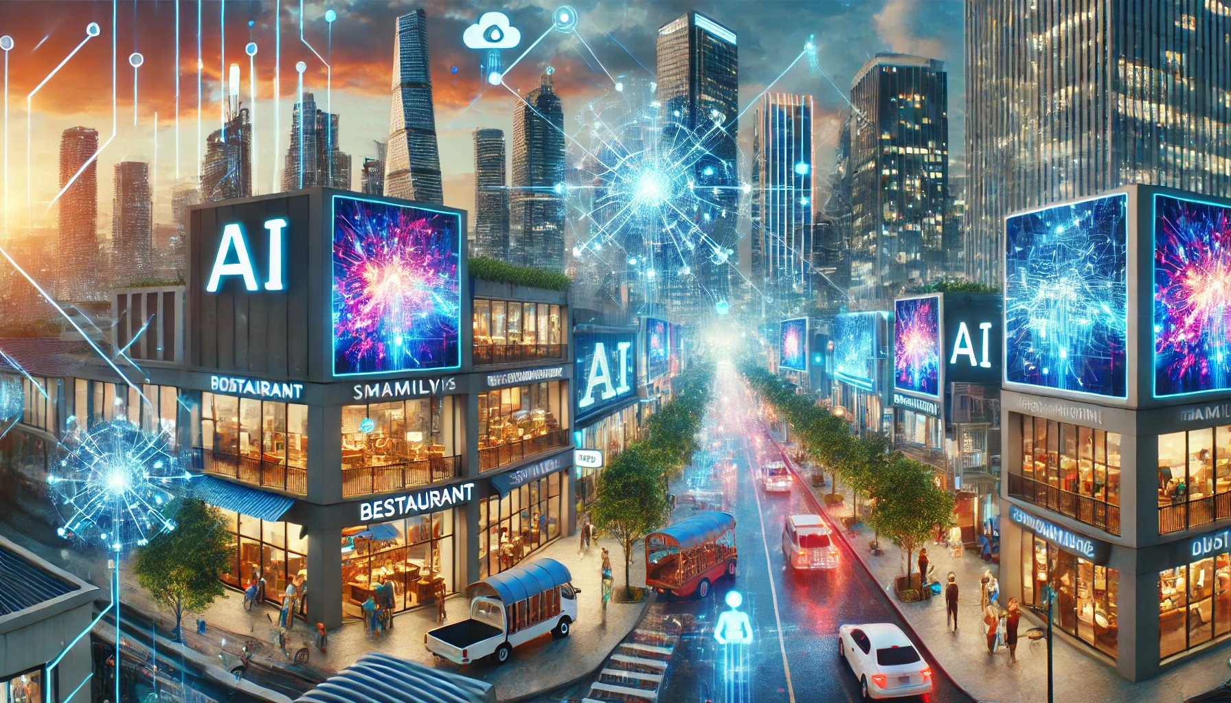 Futuristic cityscape showcasing small businesses supported by AI-driven advertising, with digital screens and data streams symbolizing community and economic growth.