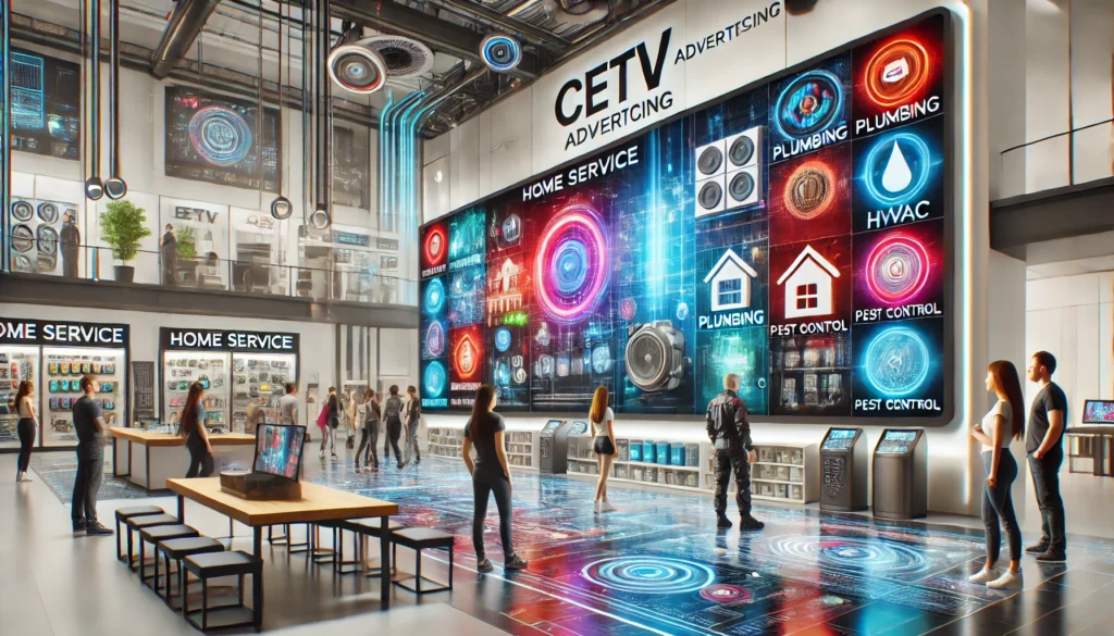 Futuristic commercial environment with digital screens displaying animated visuals for home services like plumbing and HVAC, showcasing AI-driven advertising.