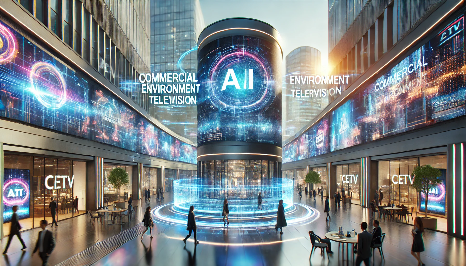 Futuristic cityscape with AI-driven advertising screens and holographic billboards, showcasing vibrant brand visuals in a high-tech commercial environment, enhancing brand messaging.