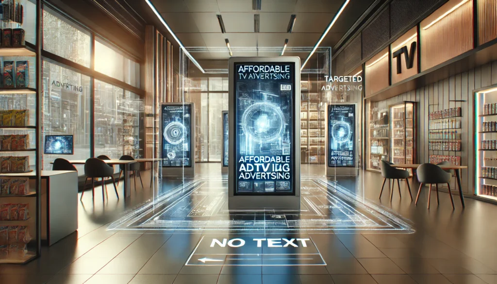 Futuristic advertising setup with multiple digital screens displaying dynamic content in a high-tech commercial environment, highlighting affordable TV advertising solutions.