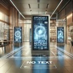 Futuristic advertising setup with multiple digital screens displaying dynamic content in a high-tech commercial environment, highlighting affordable TV advertising solutions.