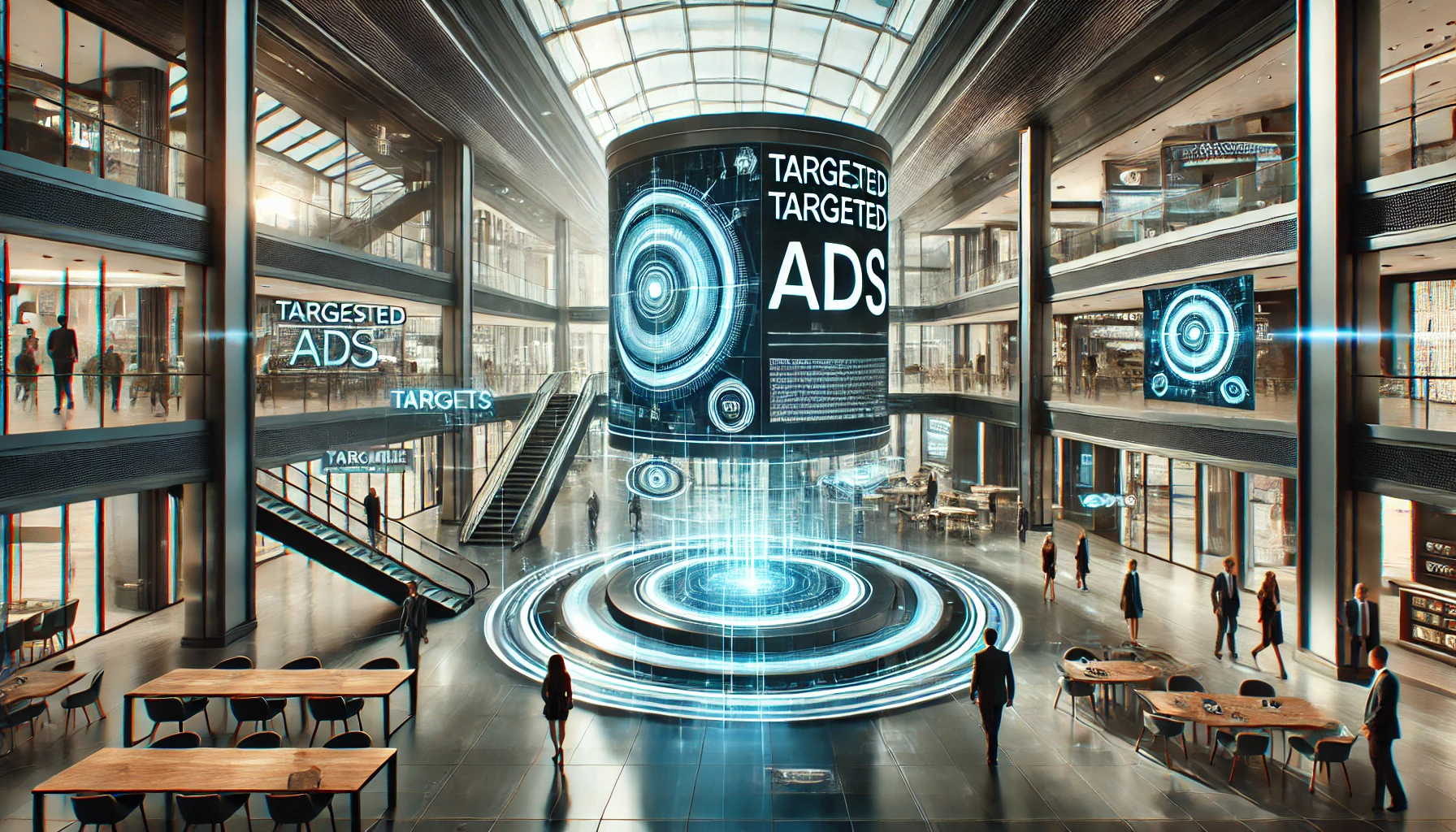 Futuristic business environment showcasing advanced technology screens displaying advertising content in a sleek commercial setting, highlighting cost-effective marketing solutions.